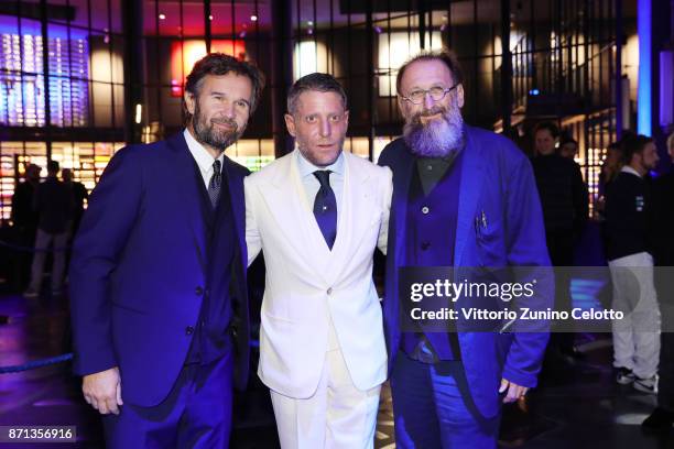 Carlo Cracco, Lapo Elkann and Michele De Lucchi attend Opening Garage Italia Milano on November 7, 2017 in Milan, Italy.