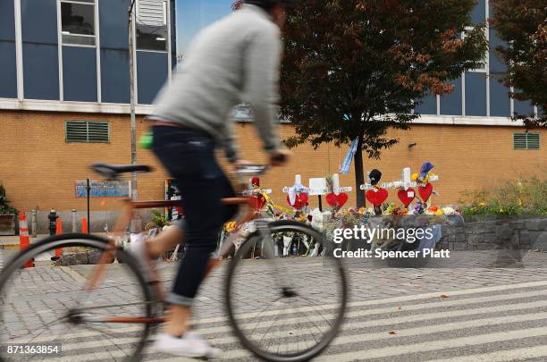 Eight crosses mark the location where terrorist Sayfullo Saipov entered a Manhattan bike path and went on a rampage with a truck last Tuesday...