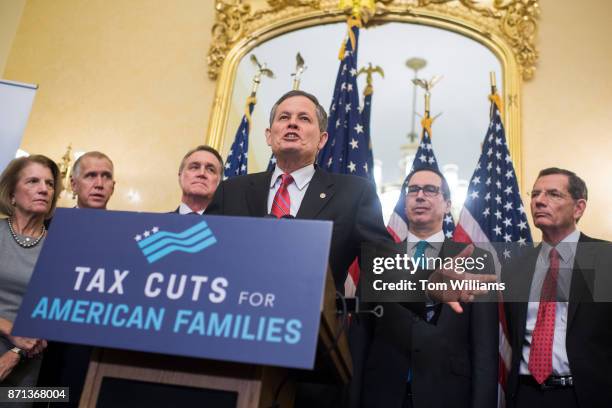 Sen. Steve Daines, R-Mont., speaks during a news conference in the Capitol where GOP senators said families and small businesses would benefit from...