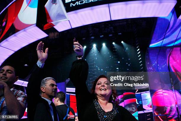 Singer Chiara of Malta celebrates advancing to the final round on the Eurovision Song Contest 2009 Semi Finals at Olimpiysky Arena on May 12, 2009 in...