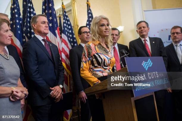 White House counselor Kellyanne Conway, speaks during a news conference in the Capitol where GOP senators said families and small businesses would...