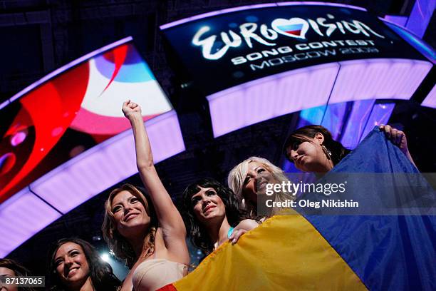Singer Elena of Romania celebrates advancing to the final round on the Eurovision Song Contest 2009 Semi Finals at Olimpiysky Arena on May 12, 2009...