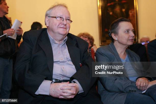 Aleksander Hall and Katarzyna Hall are seen in Gdansk, Poland on 7 November 2017 Michnik visits Gdansk to take part in the debate about Polish...
