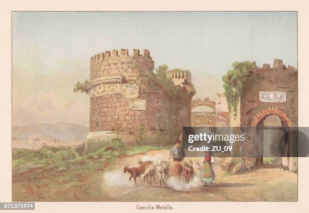 tomb of caecilia metella, appian way, italy, lithograph, published 1889 - tomb stock illustrations