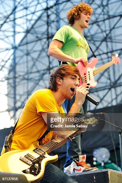 Alex Gaskarth and Zack Merrick of the band All Time Low perform at the mtvU Movies and Music Festival at the Time Warner Cable Amphitheater at Tower...