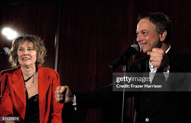 Elizabeth Guider,THR Editor,andf Gary Sinise speak at the Hollywood Reporter, USO Cocktail reception hosted by Elizabeth Guider, Hollywood Reporter...