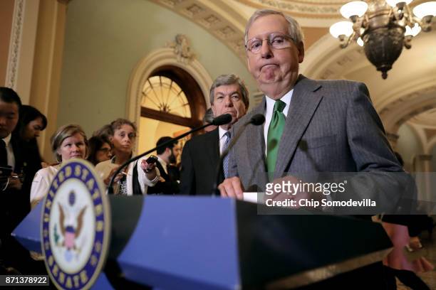 Senate majority Leader Mitch McConnell talks to reporters following the weekly Republican policy luncheon in the U.S. Capitol November 7, 2017 in...