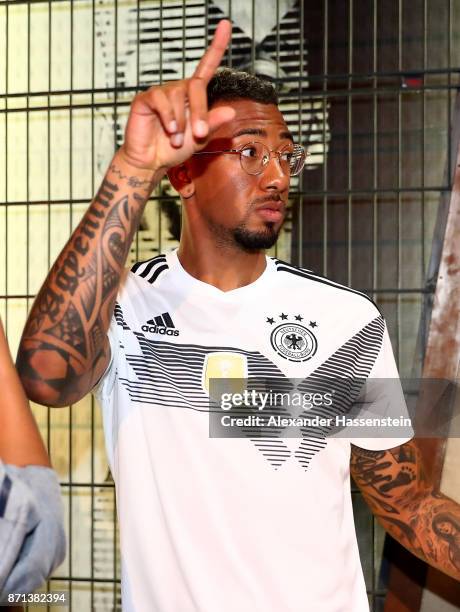 German National Football Team Player Jerome Boateng attends the presentation of the 2018 FIFA World Cup Russia Adidas jersey at The Base on November...