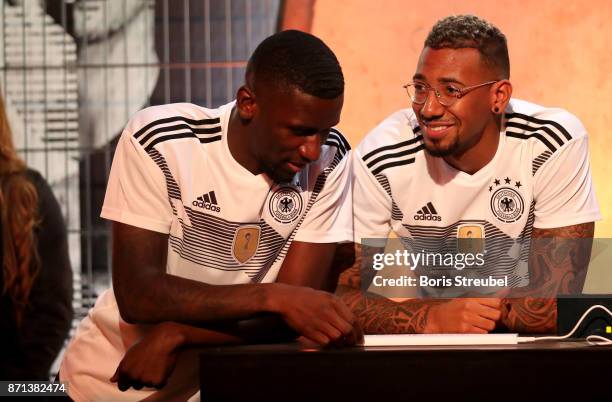 German National Football Team Players Antonio Ruediger and Jerome Boateng attend the presentation of the 2018 FIFA World Cup Russia Adidas jersey at...