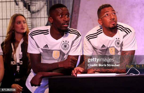 German National Football Team Players Antonio Ruediger and Jerome Boateng attend the presentation of the 2018 FIFA World Cup Russia Adidas jersey at...