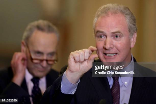Sen. Chris Van Hollen talks to reporters with Senate Minority Leader Charles Schumer following the weekly Democratic policy luncheon at the U.S....