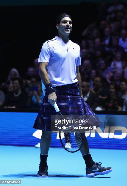 Roger Federer wears a kilt during his match against Andy Murray during Andy Murray Live at The Hydro on November 7, 2017 in Glasgow, Scotland.