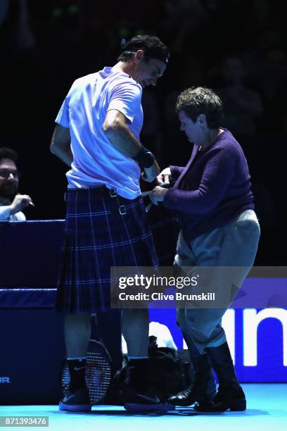 Roger Federer wears a kilt during his match against Andy Murray during Andy Murray Live at The Hydro on November 7, 2017 in Glasgow, Scotland.