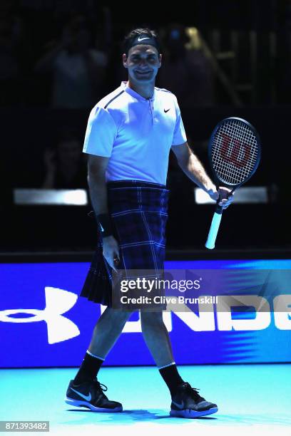 Roger Federer wears a kilt during his match against Andy Murray during Andy Murray Live at The Hydro on November 7, 2017 in Glasgow, Scotland.