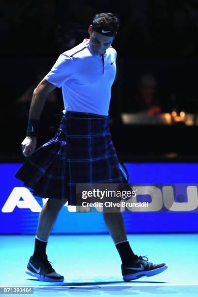 Roger Federer wears a kilt during his match against Andy Murray during Andy Murray Live at The Hydro on November 7, 2017 in Glasgow, Scotland.