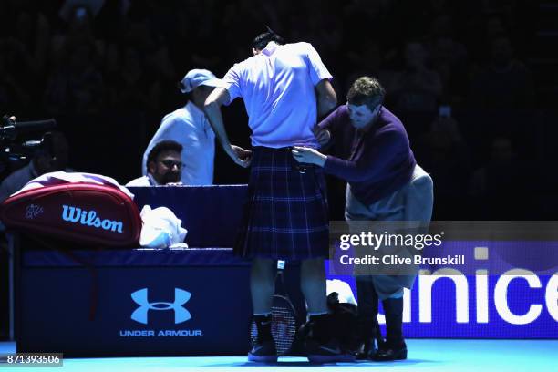 Roger Federer wears a kilt during his match against Andy Murray during Andy Murray Live at The Hydro on November 7, 2017 in Glasgow, Scotland.