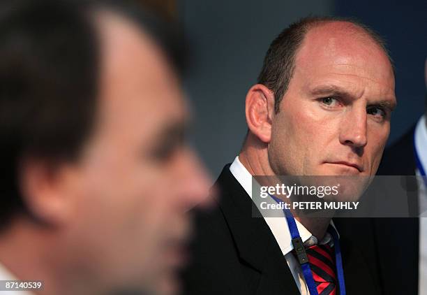 England's World Cup 2003 winner Lawrence Dallaglio speaks to the media at the IRB headquarters in Dublin, Ireland, on May 13, 2009. England rugby...