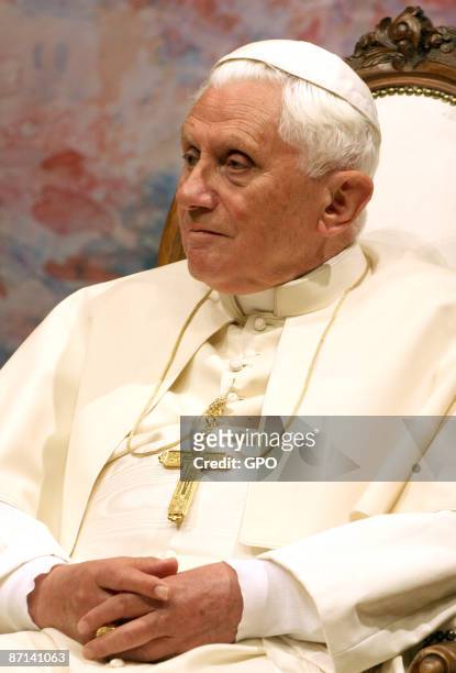In this handout photo provided by the Israeli Press Office , Pope Benedict XVI attends an interfaith meeting at Notre Dame Church on May 12, 2009 in...