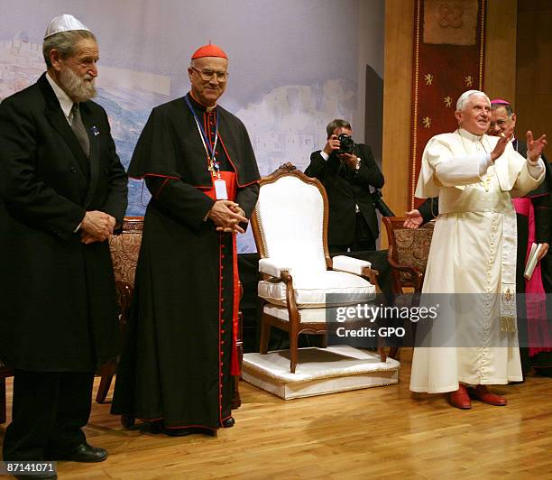 In this handout photo provided by the Israeli Press Office , Pope Benedict XVI attends an interfaith meeting at Notre Dame Church on May 12, 2009 in...