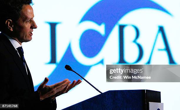 Treasury Secretary Timothy Geither delivers remarks before the Independent Community Bankers of America Policy Summit May 13, 2009 in Washington, DC....