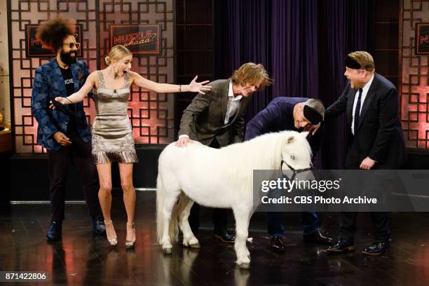 Matt LeBlanc, Hailey Baldwin and William H. Macy play a game of NUZZLE WHAAA? with James Corden during "The Late Late Show with James Corden,"...