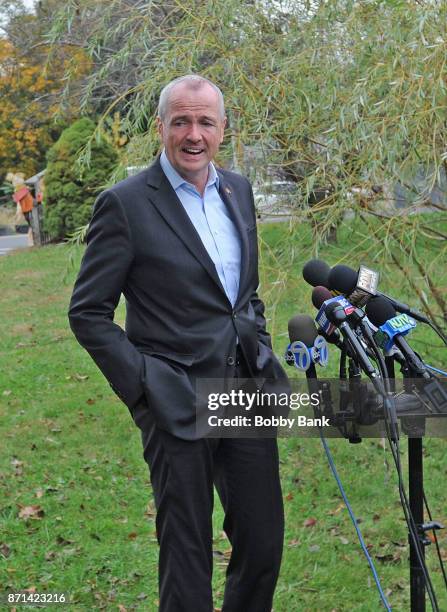 Democratic gubernatorial candidate Phil Murphy speaks at a news conference on election day November 7, 2017 in Asbury Park, New Jersey. Murphy and...