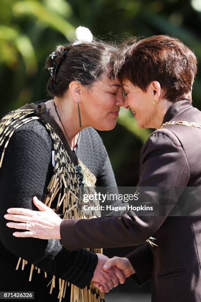 Governor-General Dame Patsy Reddy is greeted with a hongi during the State Opening of Parliament on November 8, 2017 in Wellington, New Zealand....