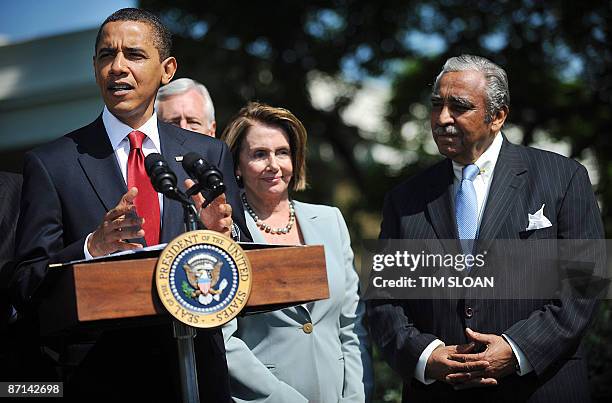 President Barack Obama makes remarks on health care reform with Democratic Congressional leaders including House Speaker Nancy Pelosi , House...