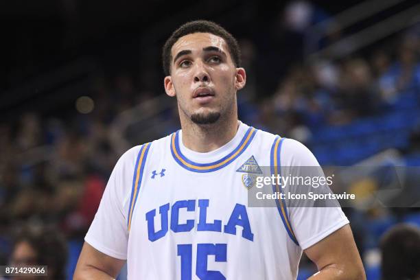 Guard LiAngelo Ball looks on during an college exhibition basketball game between the Cal State Los Angeles and the UCLA Bruins on November 1 at...