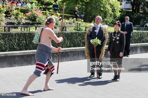 Governor-General Dame Patsy Reddy and Kaumatua, Dr Piri Sciascia, are greeted with a powhiri during the State Opening of Parliament on November 8,...