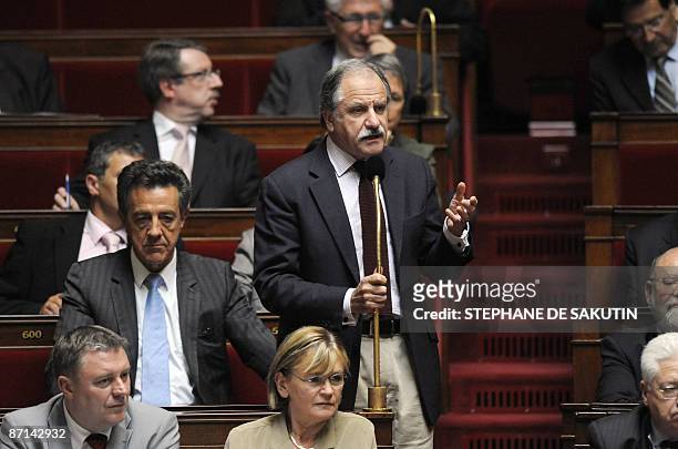 French Green deputy Noel Mamere asks a question to a minister during the weekly session of questions to the government on May 13, 2009 at the French...