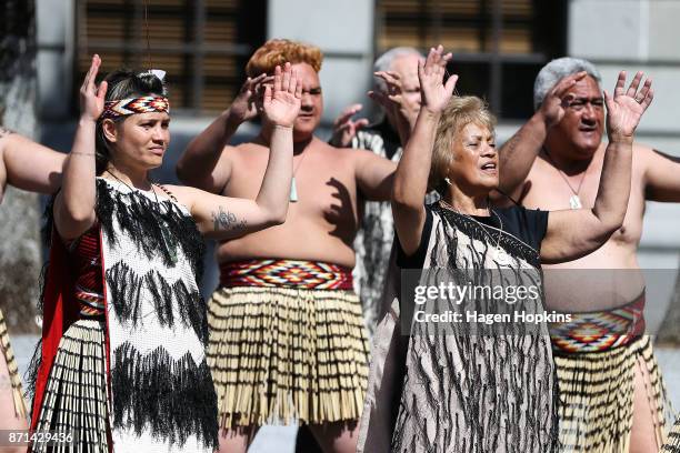 Members of a Maori cutural group perform a powhiri during the State Opening of Parliament on November 8, 2017 in Wellington, New Zealand. Labour...