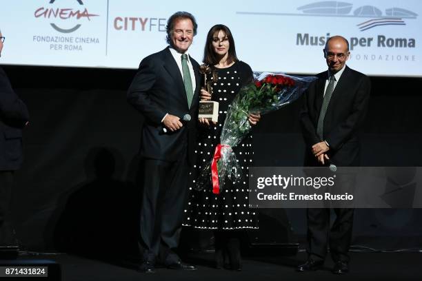 Corrado Pesci, Monica Bellucci and Giuseppe Tornatore attend The Virna Lisi Award at Auditorium Parco Della Musica on November 7, 2017 in Rome, Italy.