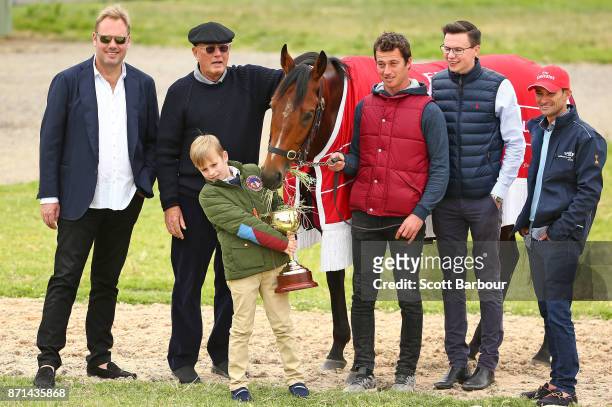 Melbourne Cup-winning jockey Corey Brown, Emirates Melbourne Cup-winning trainer Joseph O'Brien and part-owners Nick Williams, Lloyd Williams and his...