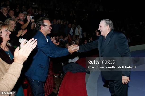 Vincent Perez attending Gerard Depardieu acknowledges the applause of the audience at the end of "Depardieu Chante Barbara" at Le Cirque d'Hiver on...