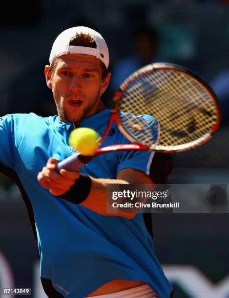 Jurgen Melzer of Austria plays a forehand against Rafael Nadal of Spain in their second round match during the Madrid Open tennis tournament at the...