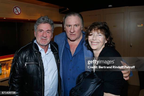 Daniel Auteuil, Gerard Depardieu and Jane Birkin pose after "Depardieu Chante Barbara" at Le Cirque d'Hiver on November 6, 2017 in Paris, France.