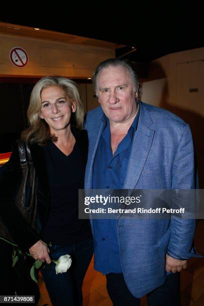 Anne Fulda and Gerard Depardieu pose after "Depardieu Chante Barbara" at Le Cirque d'Hiver on November 6, 2017 in Paris, France.