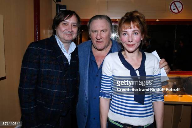 Michel Fau, Gerard Depardieu and his daughter Julie Depardieu pose after "Depardieu Chante Barbara" at Le Cirque d'Hiver on November 6, 2017 in...