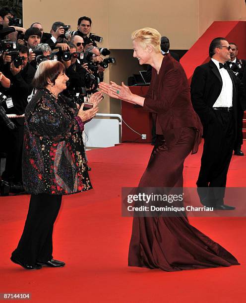 Director Agnes Varda and actress Tilda Swinton attend the "Up" Premiere at the Palais des Festivals during the 62nd Annual Cannes Film Festival on...