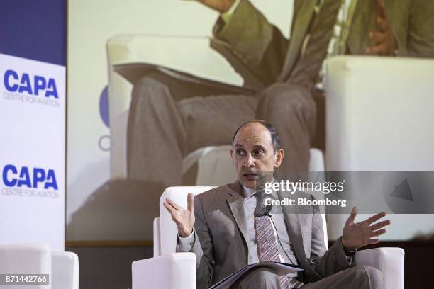 Akbar Al Baker, chief executive officer of Qatar Airways Ltd., speaks during the CAPA Asia Aviation and Corporate Travel Summit in Singapore, on...