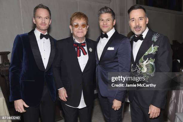 Neil Patrick Harris, Sir Elton John, David Burtka, and David Furnish attend the Elton John AIDS Foundation Commemorates Its 25th Year And Honors...