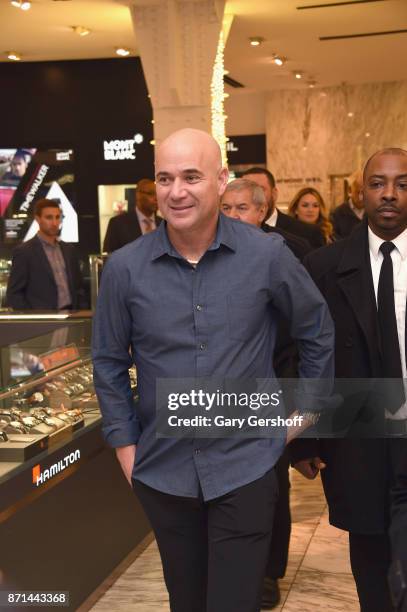 Andre Agassi arrives to the launch of Longines Master Collection Watch event at Macy's Herald Square on November 7, 2017 in New York City.