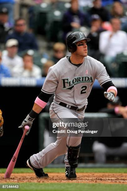 Jeremy Hermida of the Florida Marlins takes an at bat against the Colorado Rockies during MLB action at Coors Field on May 10, 2009 in Denver,...