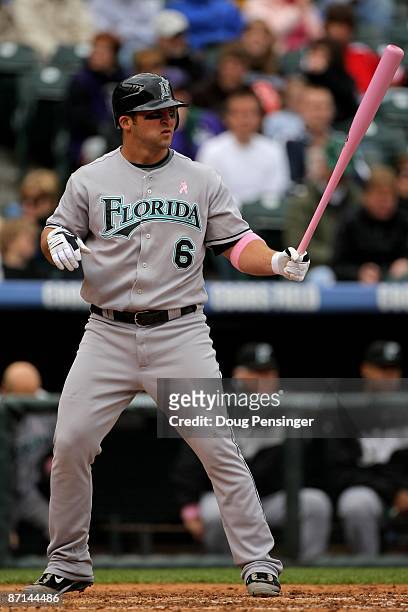 Dan Uggla of the Florida Marlins takes an at bat against the Colorado Rockies during MLB action at Coors Field on May 10, 2009 in Denver, Colorado....