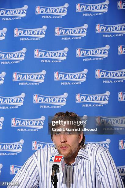 Dirk Nowitzki of the Dallas Mavericks talks to the media after Game Two of the Western Conference Semifinals against the Denver Nuggets during the...