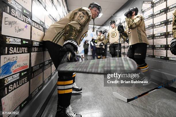 Paul Postma of the Boston Bruins waits for warmups before the game against the Minnesota Wild at the TD Garden on November 6, 2017 in Boston,...