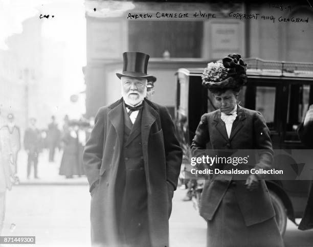 American businessman Andrew Carnegie poses for a portrait with his wife in 1910.