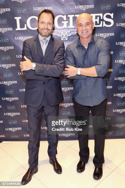 Longines U.S. Brand President, Pascal Savoy and Longines Ambassador of Elegance, Andre Agassi appear as Longines launches the Conquest V.H.P. At the...