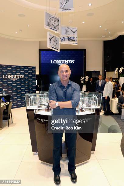 Longines Ambassador of Elegance, Andre Agassi appears as Longines launches the Conquest V.H.P. At the Longines Boutique at the Westfield World Trade...